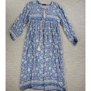 VTG Lance Cade Maxi Dress Womens M Blue Floral Tassels Lightweight Boho Cottage